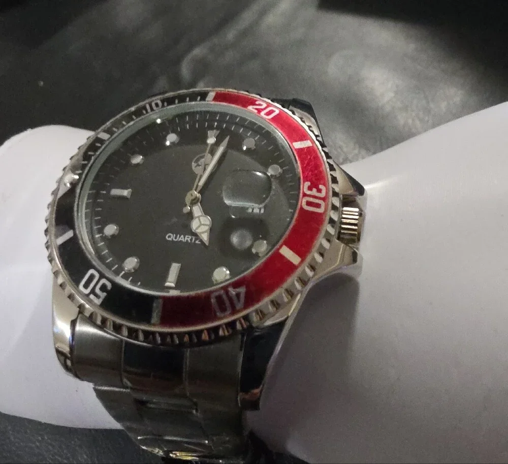 Men's Stainless Steel Watch with Black Dial and Red Bezel Accent